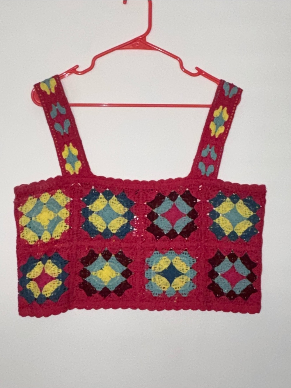 Red Crochet Patchwork Crop Top with Multicolor Accents
